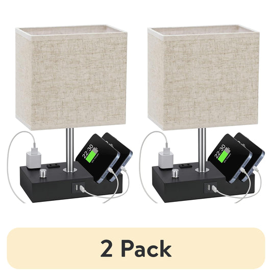 (2 pack) Bedside Table Lamp for Bedroom with Dual Fast USB Charging Ports, Fully Dimmable Nightstand Lamps with 2 Phone Stands and 2 Charging Outlets, Desk lamp with Fabric Shade for Living Room
