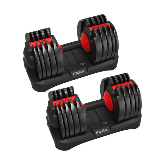 (2 pack) FitRx SmartBell, Quick-Select Adjustable Dumbbell for Home Gym, 5-52.5 lbs. Weight, Black, Single